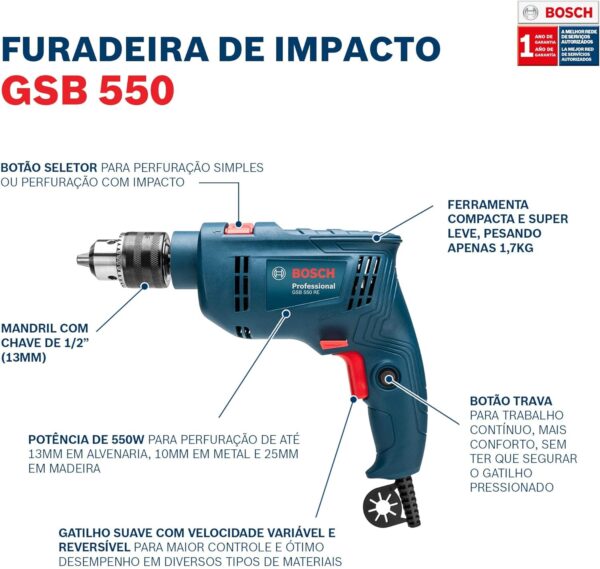 Bosch Furadeira de Impacto GSB 550 550W 220V com maleta - Imagem 6